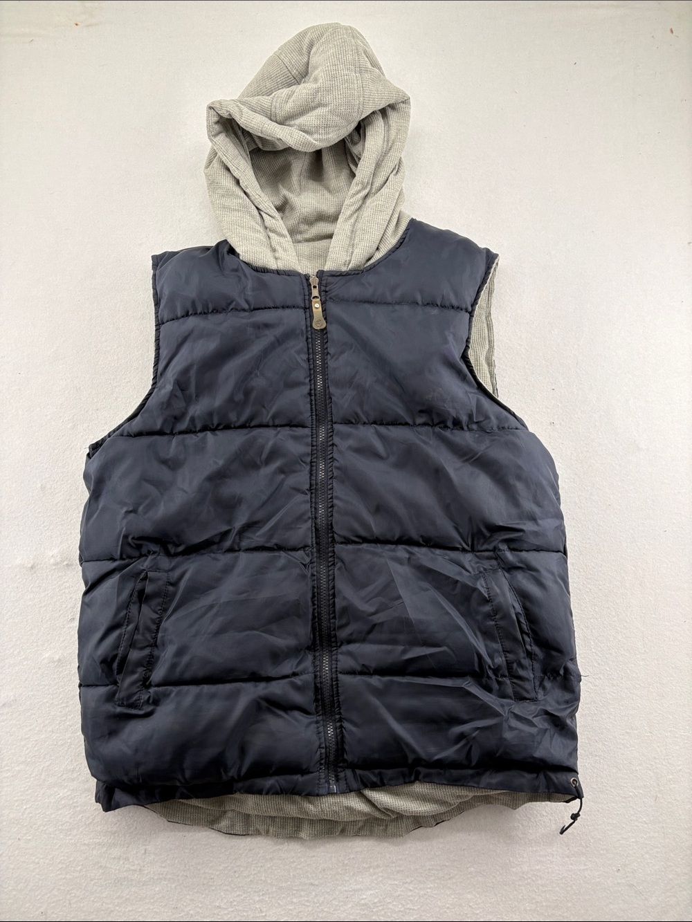 Men's Navy Puffer Vest with Gray Hood